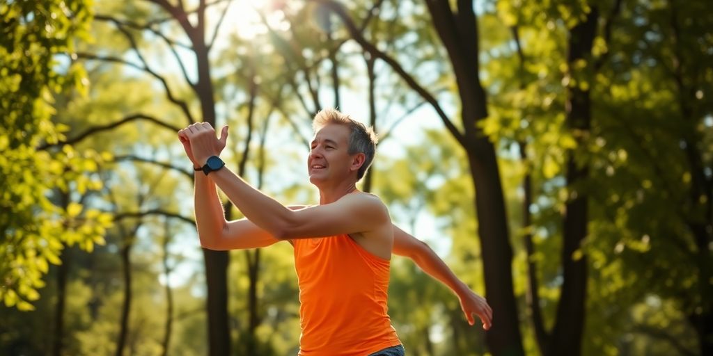 Fit person exercising outdoors in a vibrant natural setting.
