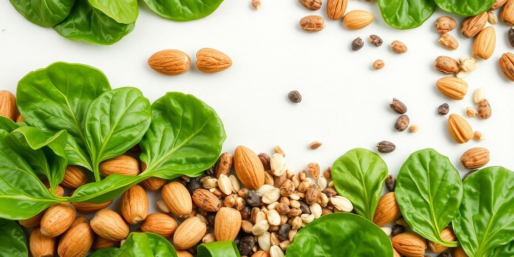 Green leafy vegetables, nuts, seeds.