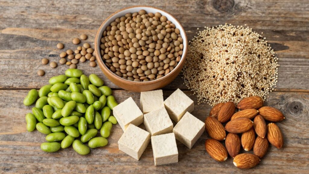 Assortment of high-protein vegetarian foods like lentils, tofu, and quinoa.