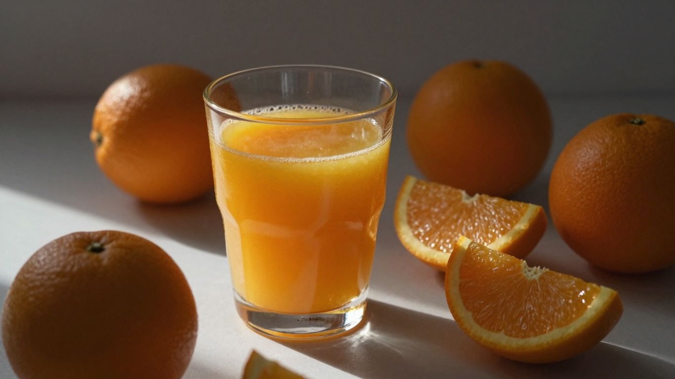 Glass of orange juice with oranges and slices.